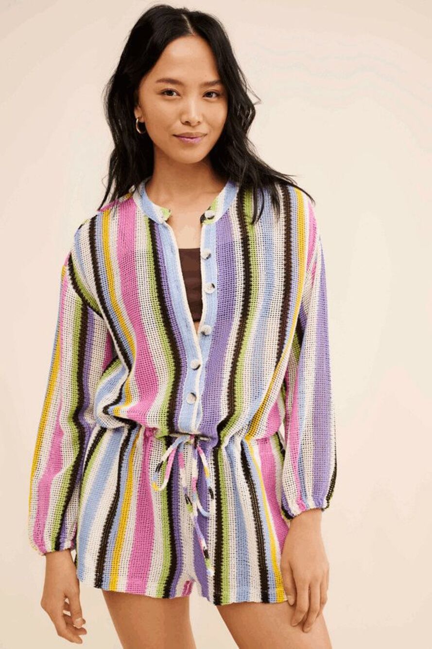 Free People Sun Up Striped Knit Button-Up Long Sleeve Romper Women's Size Medium